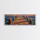 Wooden Dock Sunset, Ocean Pier Painting, Tranquil Seascape Decor, Nautical Beach House Style, Framed Canvas Print