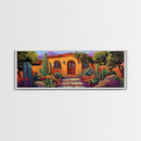 Southwest Garden Entrance, Cactus Desert Home, Rustic Charm, Framed Canvas Print, Living Room Wall Art, Vibrant Adobe Artwork
