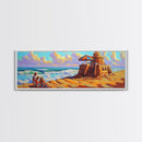 Beach Fortress, Family Fun, Ocean Adventure, Sunny Day Framed Canvas Print, Vacation Memory Wall Art, Playroom Beach Art
