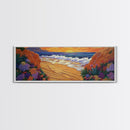 Tropical Cove, Sunset Beach, Colorful Blooms, Coastal Escape Framed Canvas Print, Bedroom Wall Art, Bold Landscape Painting
