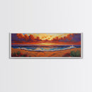 Sunset Coastline, Dramatic Sky, Evening Surf, Autumn Horizon Framed Canvas Print, Dining Room Wall Art, Moody Coastal Art
