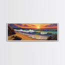 Sunset Beach, Coastal Rocks, Tranquil Shore, Golden Light, Framed Canvas Print beach house decor, minimalist landscape, bedroom art