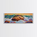 Rocky Shoreline Scene, Vibrant Sea Garden, Coastal Wave Power, Nature Texture Painting, Framed Canvas Print, Ocean Lover Wall Art
