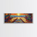 Sunset Path, Ocean View, Tropical Flowers, Canvas Print, Vibrant Beach House Wall Art, Bold Color Decor, Coastal Living Room Art