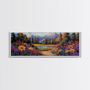 Wildflower Trail Art, Mountain Landscape, Framed Canvas Print, Nature Inspired Decor, Boho Living Room Wall Art, Vibrant Floral Scene