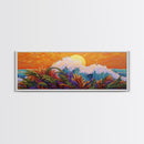 Sunset Wave, Colorful Spray, Ocean Burst, Warm Tones, Framed Canvas Print, surf-inspired bedroom art, coastal decor, tropical fall wall piece