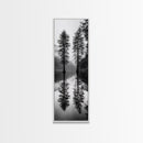 Twin Pines, Forest Reflection, Misty Lake, Black and White Nature, Framed Canvas Print, Living Room Wall Art, Nature Photography, Zen Decor