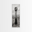 Driftwood Totem, Coastal Pillar, Ocean Beach Monochrome, Framed Canvas Print, Rustic Wall Art, Boho Bedroom Decor, Nature Photography