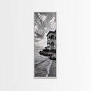 Italian Villa Coast, Seaside Architecture Print, Elegant Travel Decor, Framed Canvas Print, Dining Room Wall Art, Monochrome