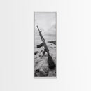 War Relic, AK Rifle, Surreal Beach Scene, Framed Canvas Print, Bold Statement Art, Bachelor Pad or Office Decor, Rustic Industrial Style