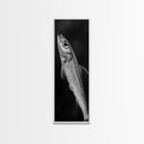 Silver Fish, Minimal Animal, Ocean Catch, Framed Canvas Print, Kitchen Wall Art, Nature Inspired Decor, Monochrome Sea Life