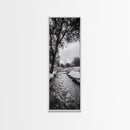 Peaceful Creek, Snow Trees, Winter Flow, Framed Canvas Print, Rustic Nature Art, Farmhouse Wall Decor, Serene Entryway Accent, Bedroom Decor