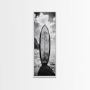 Surfboard Vertical, Sandy Beach, Coastal Rocks, Ocean Horizon, Framed Canvas Print, Surf Art, Dorm Room Decor, Tropical Vibe