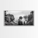 Misty Coastal Cliffs, Ocean Horizon, Monochrome Art, Nature Landscape, Canvas Print, Rustic Living Room Decor, Moody Wall Art, Black and White