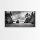 Hidden Coastal Cove, Dramatic Ocean Scene, Natural Seascape, Canvas Print, Rustic Cabin Wall Art, Black and White Beach Photography