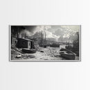 Old Fishing Harbor, Weathered Boats, Coastal Village Scene, Canvas Print, Nautical Kitchen Wall Art, Maritime Black and White Decor