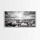 Pebble Beach Sunrise, Serene Rock Shore, Ocean Horizon Light, Framed Canvas Print, Bathroom Wall Art, Minimalist Coastal Decor