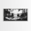 Coastal Forest View, Mountain Sea Horizon, Romantic Nature Scene, Framed Canvas Print, Living Room Wall Art, Vintage Landscape