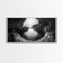 Ocean Cave Sunset, Seascape Art, Black and White Photography, Coastal Decor, Minimalist Style, Canvas Print, Bathroom Wall Art
