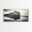 Cliff Reflection, Coastal Monolith, Seashore Beauty, Sunset Vibes, Framed Canvas Print, Living Room Art, Minimalist Beach Scene