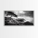 Lone Tree, Foggy Cliffs, Dramatic Landscape, Moody Sky, Framed Canvas Print, Nature Wall Art, Cabin Decor, Autumn Coastal Vibes