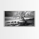 Coastal Tree, Tidal Shore, Windswept Beauty, Natural Balance, Framed Canvas Print, Bedroom Wall Art, Boho Decor, Serene Seascape