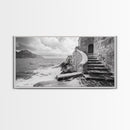 Stone Stairway, Ocean Cliff, Coastal Architecture, Mediterranean Charm, Framed Canvas Print, Rustic Wall Art, Entryway Travel Decor
