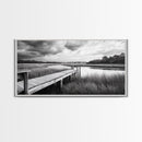 Marsh Dock Scene, Tranquil Water Landscape, Rustic Pier Canvas Print, Black and White Nature, Entryway Art, Coastal Country Home Decor