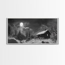 Snowy Cabin, Winter Night, Starry Sky, Cozy Mountain Scene, Framed Canvas Print, rustic lodge decor, Christmas art, bedroom wall print