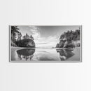 Sea Stacks, Calm Waters, Coastal Trees, Tranquil Morning, Framed Canvas Print, coastal wall art, nature inspired, entryway decor