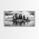 Lake Island, Pine Trees, Nature Panorama, Black and White Wilderness, Framed Canvas Print, Office Wall Art, Outdoor Inspired Decor