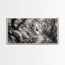 Woodland Trail, Autumn Path, Tree Tunnel, Rustic Outdoor Vibe, Framed Canvas Print, Entryway Nature Art, Moody Forest Decor