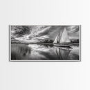 Sailboat Reflection, Tranquil River, Nautical Scene, Black White, Framed Canvas Print, Coastal Decor, Beach House Wall Art, Ocean Minimalism