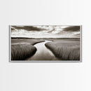 Winding River, Marsh Grass, Nature Path, Sepia Tones, Framed Canvas Print, Country Wall Art, Entryway Decor, Rustic Landscape Aesthetic
