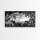 Ocean Cave View, Coastal Tree Framing, Tranquil Sea Scene, Nature Window Art, Framed Canvas Print, Bedroom Wall Art, Zen Decor