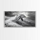 Leaping Dolphin, Ocean Life, Marine Animal, Waves Splashing, Framed Canvas Print, Coastal Kids Room Art, Beach House Decor