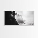 Foggy Cliff Coast, Ocean Pines Landscape, Moody Nature Art, Misty Seascape Scene, Framed Canvas Print, Living Room Wall Art, Fall Decor