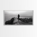 Woman Walking, Jetty View, Seaside Mood, Solitude Moment, Framed Canvas Print, Moody Wall Art, Bedroom Meditation Decor, Boho Decor
