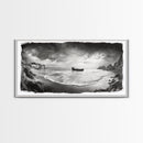 Shipwreck Beach Scene, Dramatic Coastline, Black and White Decor, Framed Canvas Print, Moody Art, Coastal Wall Art, Rustic Bedroom Print