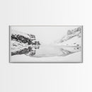 Snowy Cliff Reflection, Winter River Scene, Black and White Nature, Framed Canvas Print, Minimalist Wall Art, Neutral Winter Decor