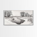 Frozen Stream Scene, Bare Trees Landscape, Black and White Nature Decor, Canvas Print, Winter Wall Art, Neutral Bedroom Accent