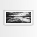 River Reflection, Cloudy Sky, Calm Nature Path, Modern Monochrome, Framed Canvas Print, Bedroom Wall Art, Minimalist Landscape Art