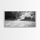 Stormy Beach House, Coastal Decor, Monochrome Photography, Beachfront Scene, Canvas Print, Moody Ocean Wall Art, Bedroom Coastal Wall Decor
