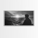 Man Watching Sea, Stormy Ocean View, Emotional Scene, Canvas Print, Moody Coastal Decor, Office Wall Art, Nautical Monochrome Style