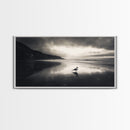 Seagull, Stormy Beach, Reflective Shore, Moody Sky, Framed Canvas Print, coastal bedroom decor, peaceful nature art, minimalist seascape
