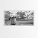 Seaside Coffee Pot, Oceanfront Still Life, Rustic Morning, Framed Canvas Print, Nautical Wall Art, Beach Kitchen Decor, Moody Nature Art