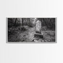 Forest Trail, Stone Marker, Ancient Symbol, Misty Pathway, Framed Canvas Print, cabin decor, woodland art, Autumn wall print, rustic charm