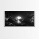 Sea Cave, Dark Ocean Cave, Natural Light Glow, Framed Canvas Print, Moody Nature Art, Living Room Wall Art, Monochrome Coastal Print