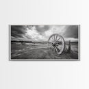 Prairie Wagon Wheel, Western Landscape, Rustic Field, Canvas Print, Country Farmhouse Wall Art, Fall Rustic Decor, Black And White Art