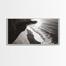Shoreline Light, Coastal Waves, Cliff Shadow, Beach Edge, Framed Canvas Print, Ocean Minimalist Art, Bathroom Wall Decor